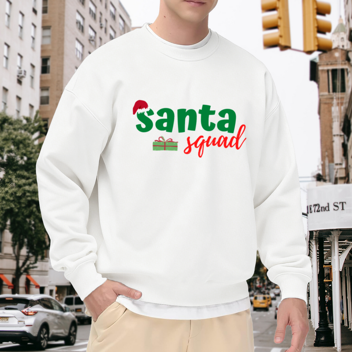 Santa Squad Christmas Crewneck Sweatshirt | Festive Gift Box Graphic Pullover, Holiday Lettering Top, Christmas Party Gift