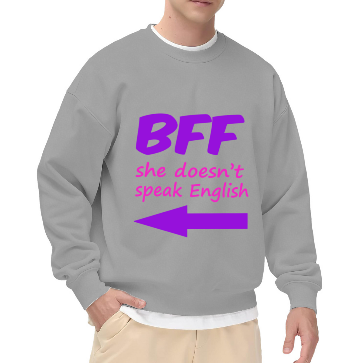 BFF She Doesn't Speak English Arrow Crewneck Sweatshirt, Funny Friendship Pullover, Best Friend Gift