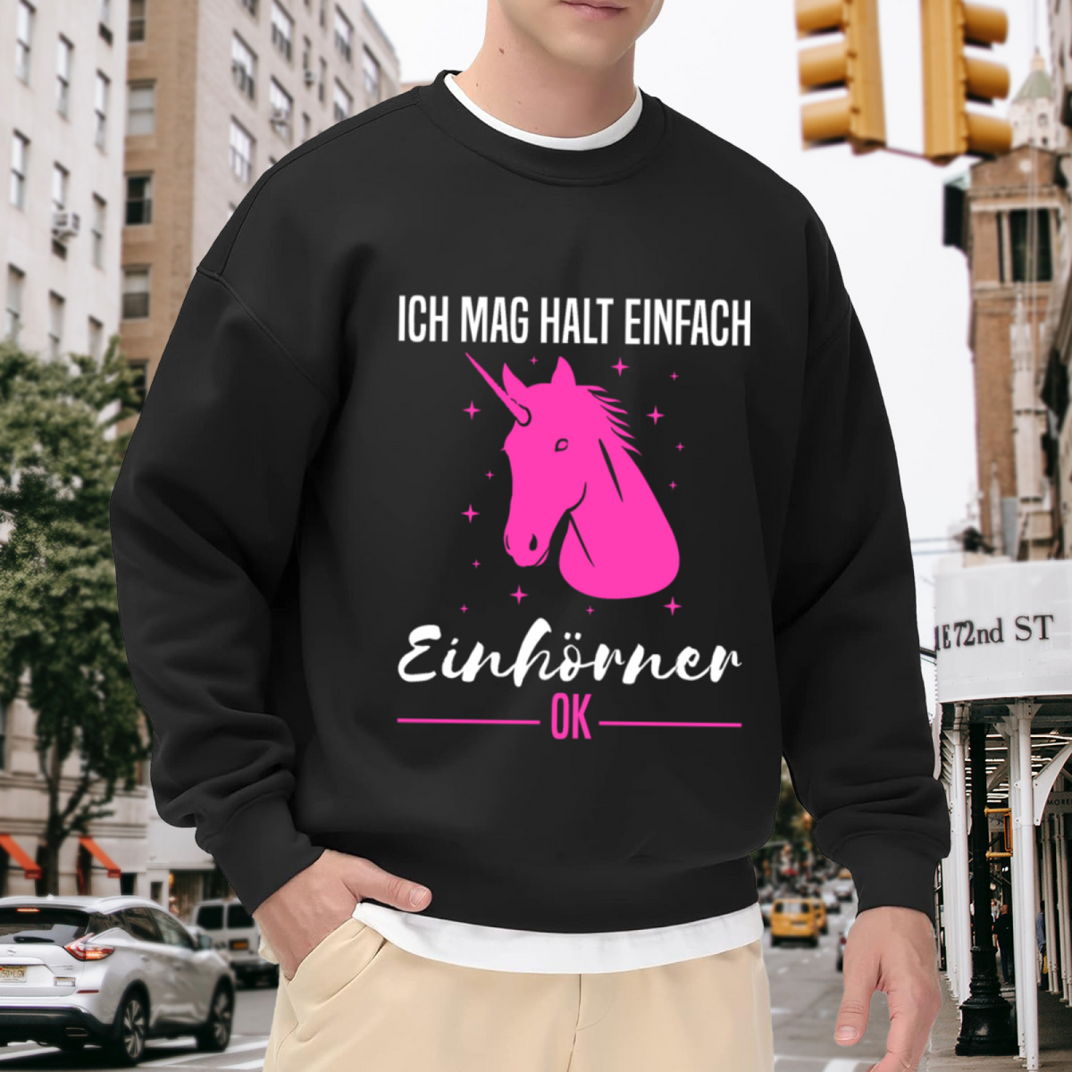 Pink Unicorn Lover Sweatshirt | Cute Cartoon Unicorn Graphic Crewneck, Quirky German Text Pullover Top, Unicorn Gift for Girls Women