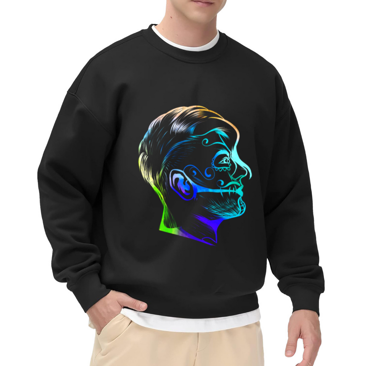 Cyberpunk Neon Glowing Male Profile Head Crewneck Sweatshirt Graphic Print