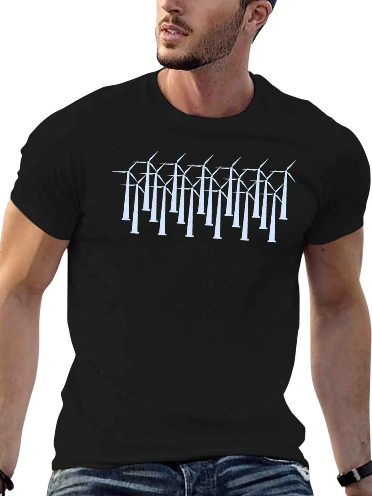 Wind Turbine Graphic Black T-Shirt - Sustainable Energy Style