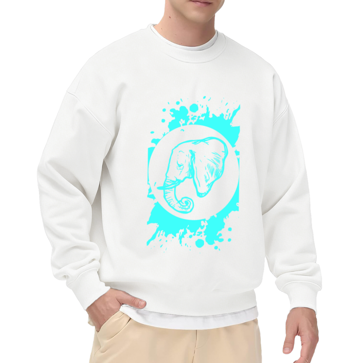 Elephant Ink Line Art Crewneck Sweatshirt - Splash Art Wildlife Graphic Pullover, Modern Animal Streetwear, Bold Graphic