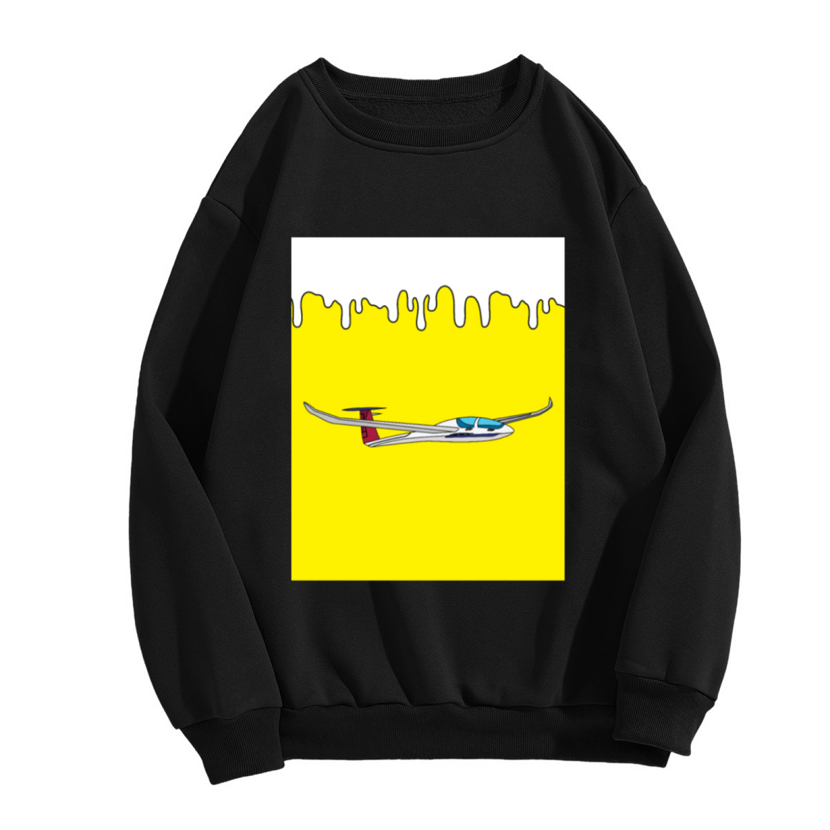 Pop Art Airplane Melting Yellow Graphic Crewneck Sweatshirt | Retro Aviation Illustration Pullover, Pilot Travel Lover Gift