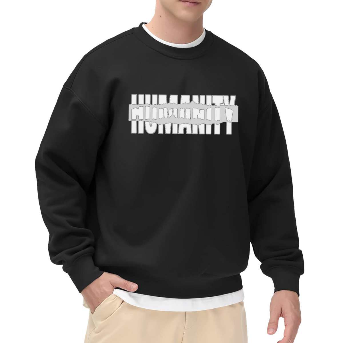 HUMANITY Glitch Art Distorted Typography Crewneck Sweatshirt | Conceptual Streetwear Graphic Pullover, Modern Edgy Top