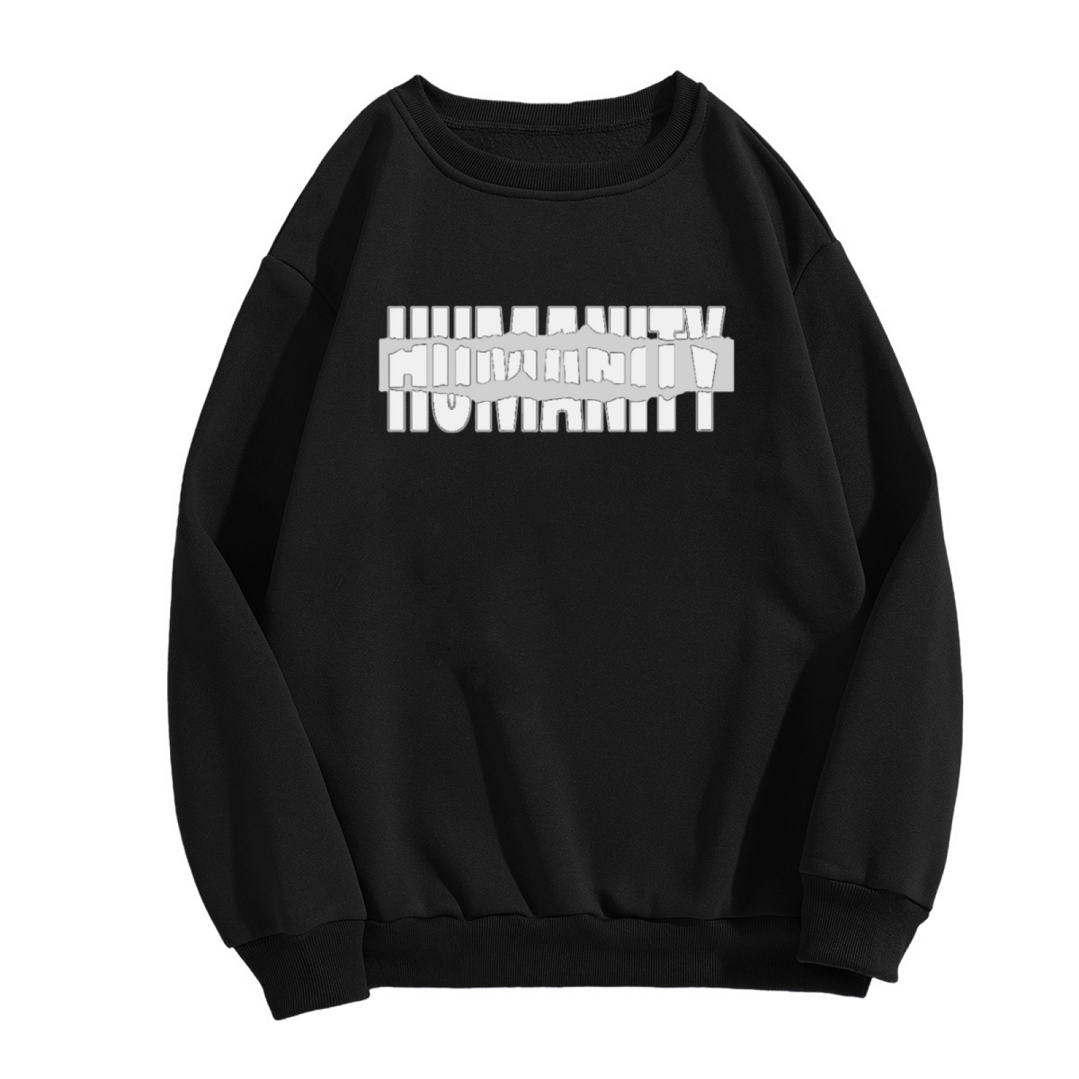 HUMANITY Glitch Art Distorted Typography Crewneck Sweatshirt | Conceptual Streetwear Graphic Pullover, Modern Edgy Top