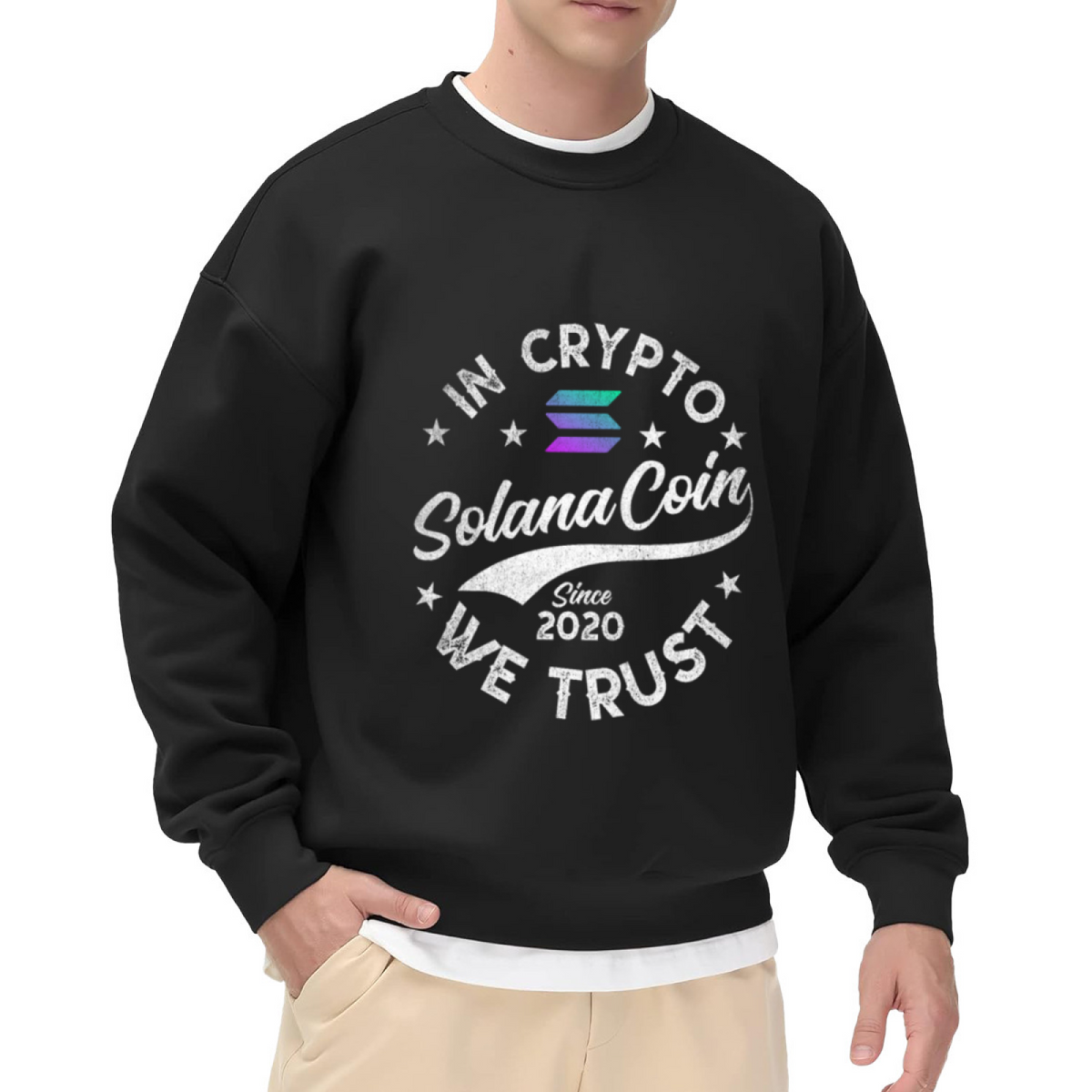 In Crypto We Trust Solana Coin Vintage Emblem Crewneck Sweatshirt | Crypto Blockchain Distressed Pullover, Investor Gift