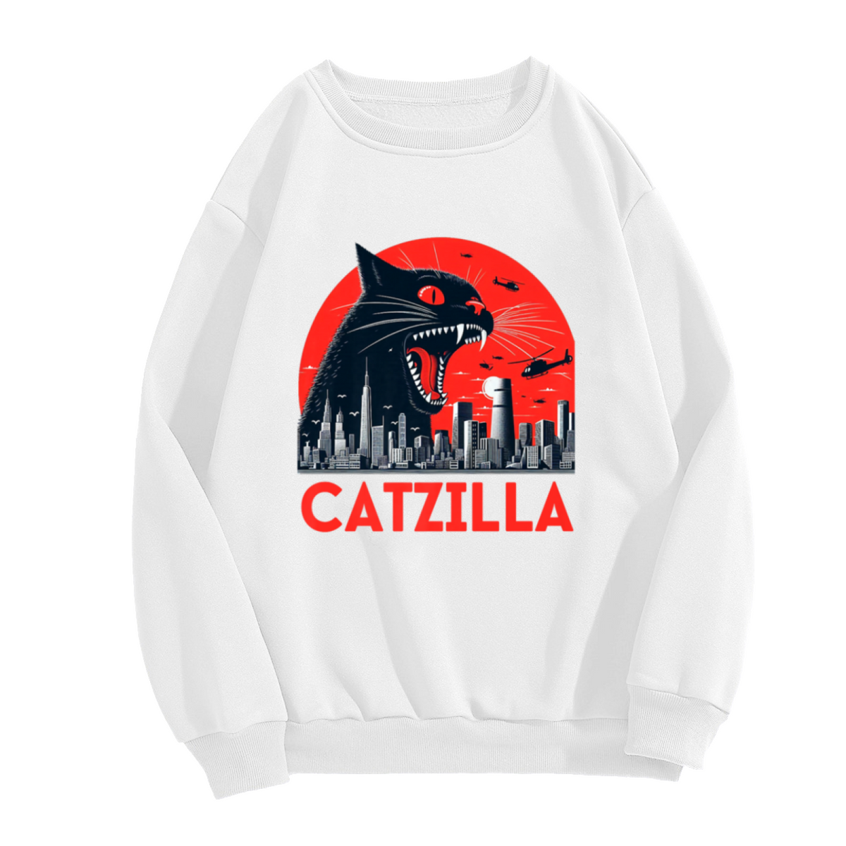 Catzilla Giant Cat Kaiju Monster Crewneck Sweatshirt | Retro Movie Poster Parody Pullover, Cat Lover Gift