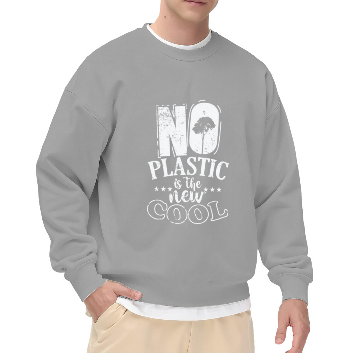 No Plastic Is The New Cool Distressed Environmental Message Crewneck Sweatshirt with Tree Graphic