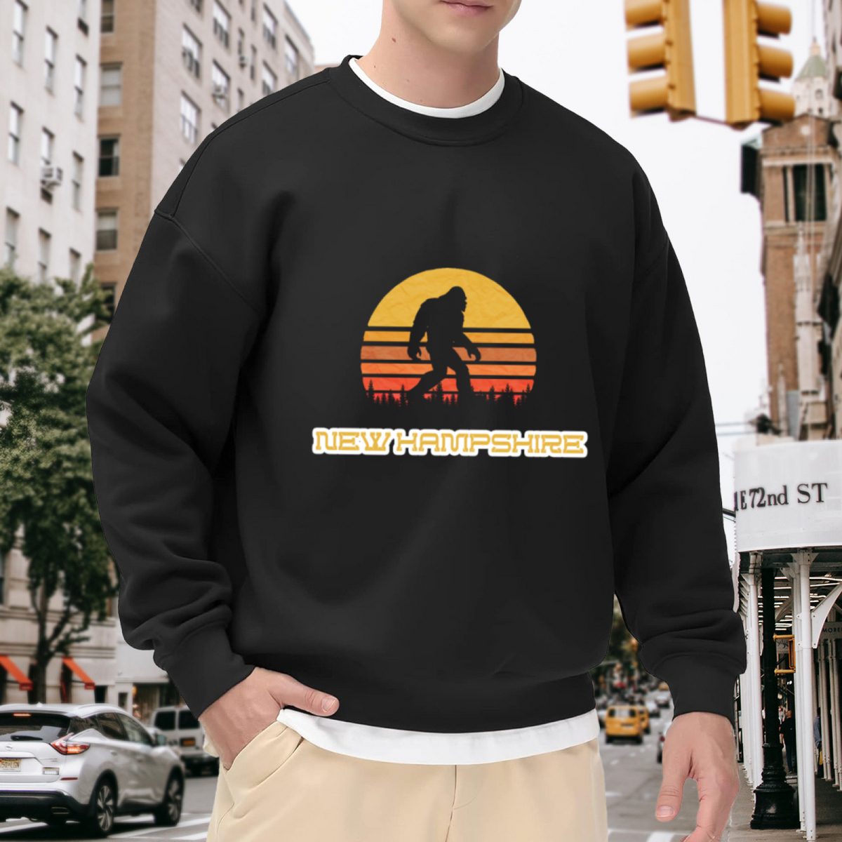 New Hampshire Bigfoot Sasquatch Retro Sunset Crewneck Sweatshirt | Vintage Wilderness Cryptid Graphic Pullover, New England Gift