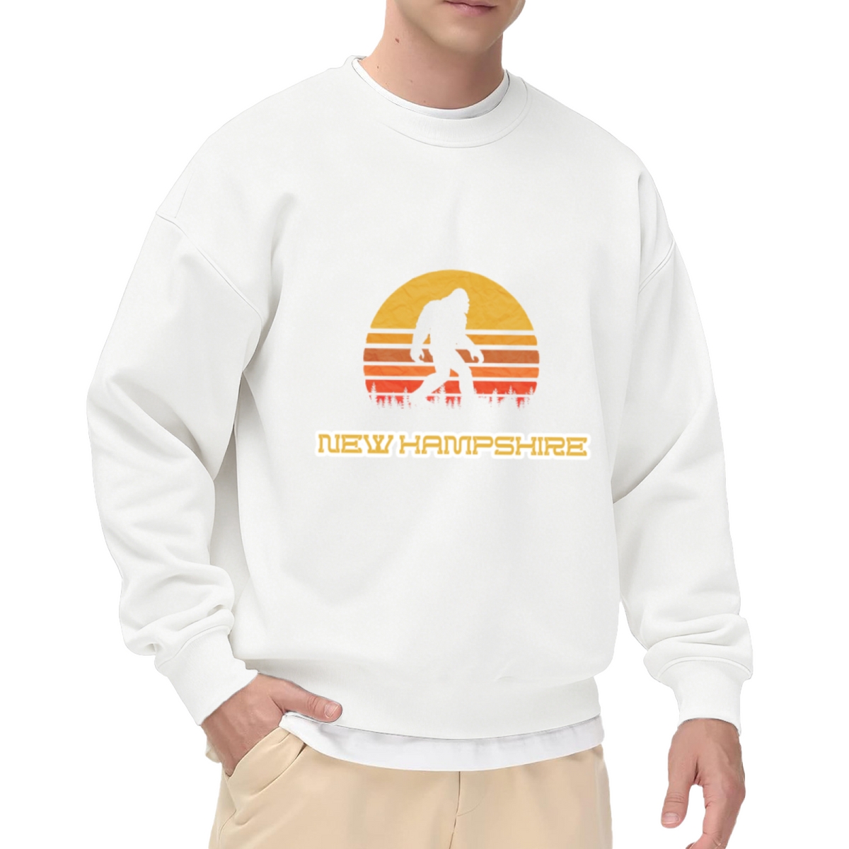 New Hampshire Bigfoot Sasquatch Retro Sunset Crewneck Sweatshirt | Vintage Wilderness Cryptid Graphic Pullover, New England Gift