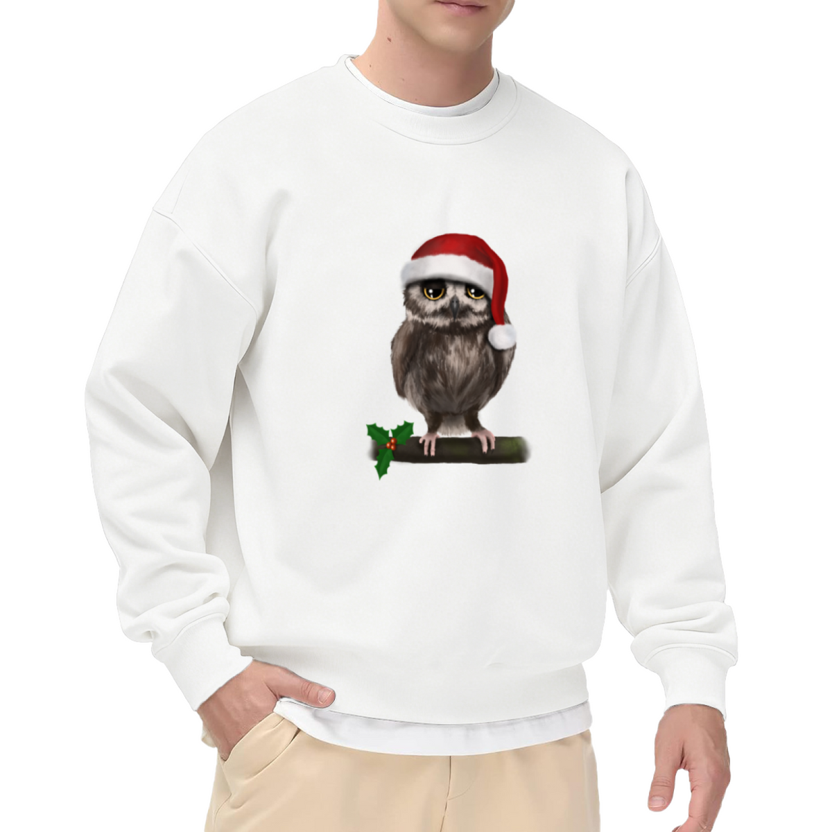 Cool Grumpy Christmas Owl with Santa Hat Graphic Crewneck Sweatshirt for Men and Women
