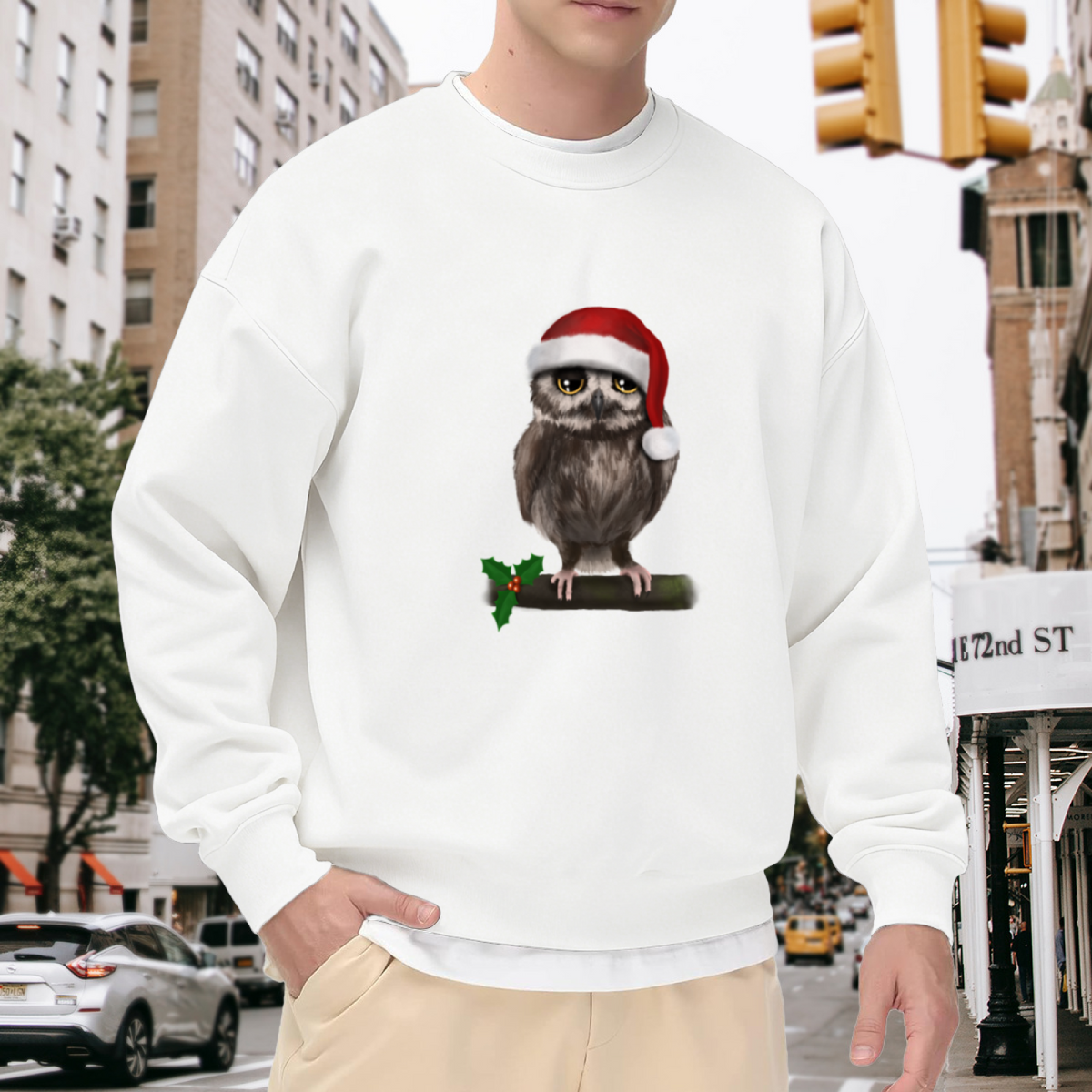 Cool Grumpy Christmas Owl with Santa Hat Graphic Crewneck Sweatshirt for Men and Women