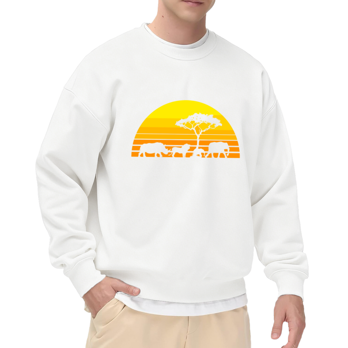 African Savanna Sunset Crewneck Sweatshirt | Wildlife Silhouette Pullover, Safari Elephant Rhino Graphic Top, World Wildlife Day Gift