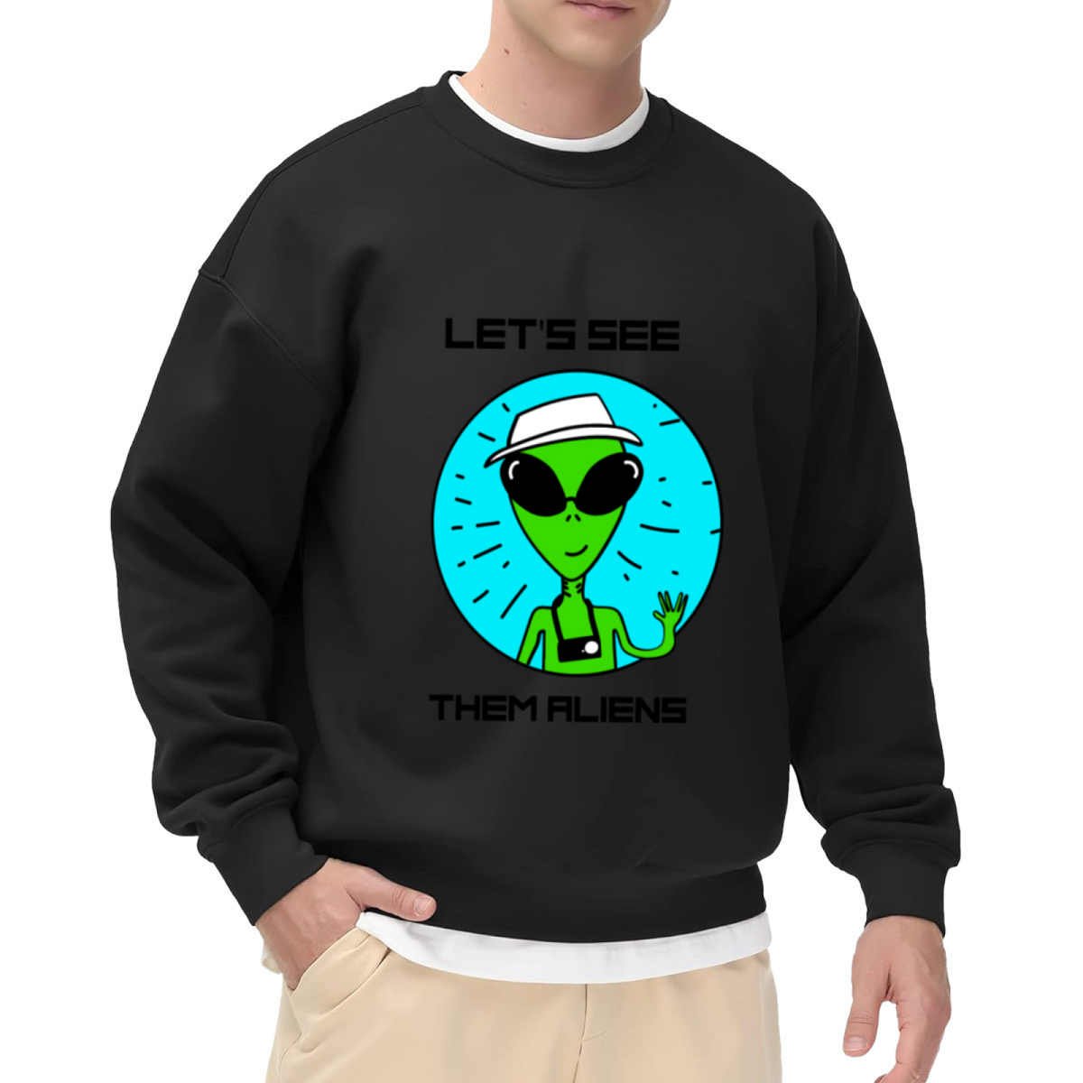 ""Let's See Them Aliens"" Crewneck Sweatshirt, Funny Green Alien Graphic with Sunglasses, Hat & Camera, UFO Space Lover Casual Pullover