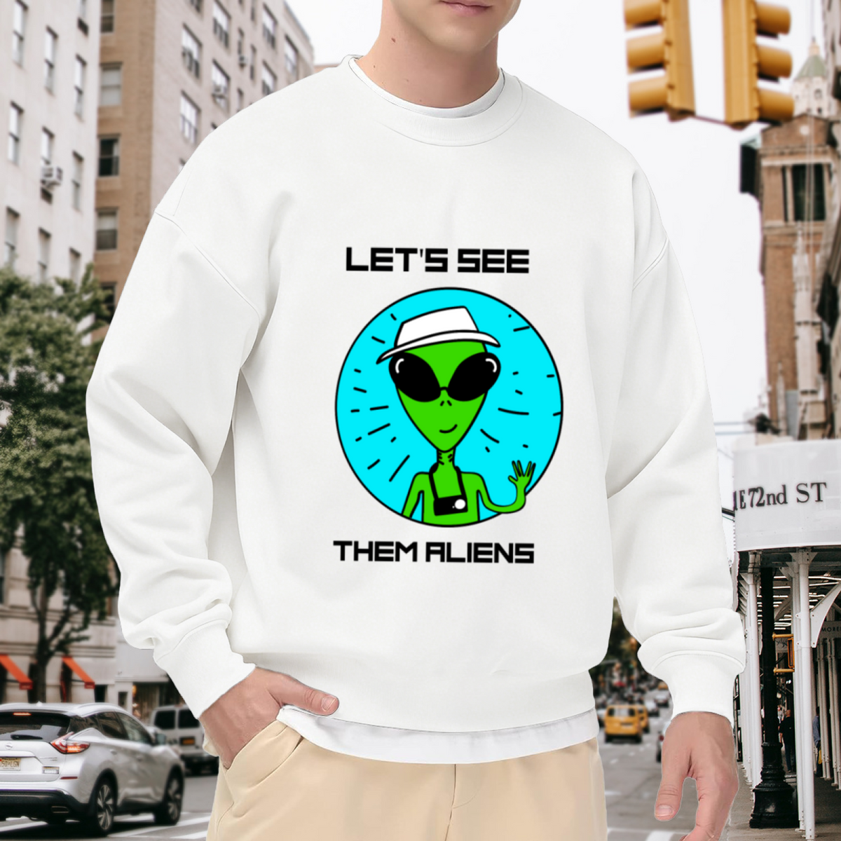 ""Let's See Them Aliens"" Crewneck Sweatshirt, Funny Green Alien Graphic with Sunglasses, Hat & Camera, UFO Space Lover Casual Pullover
