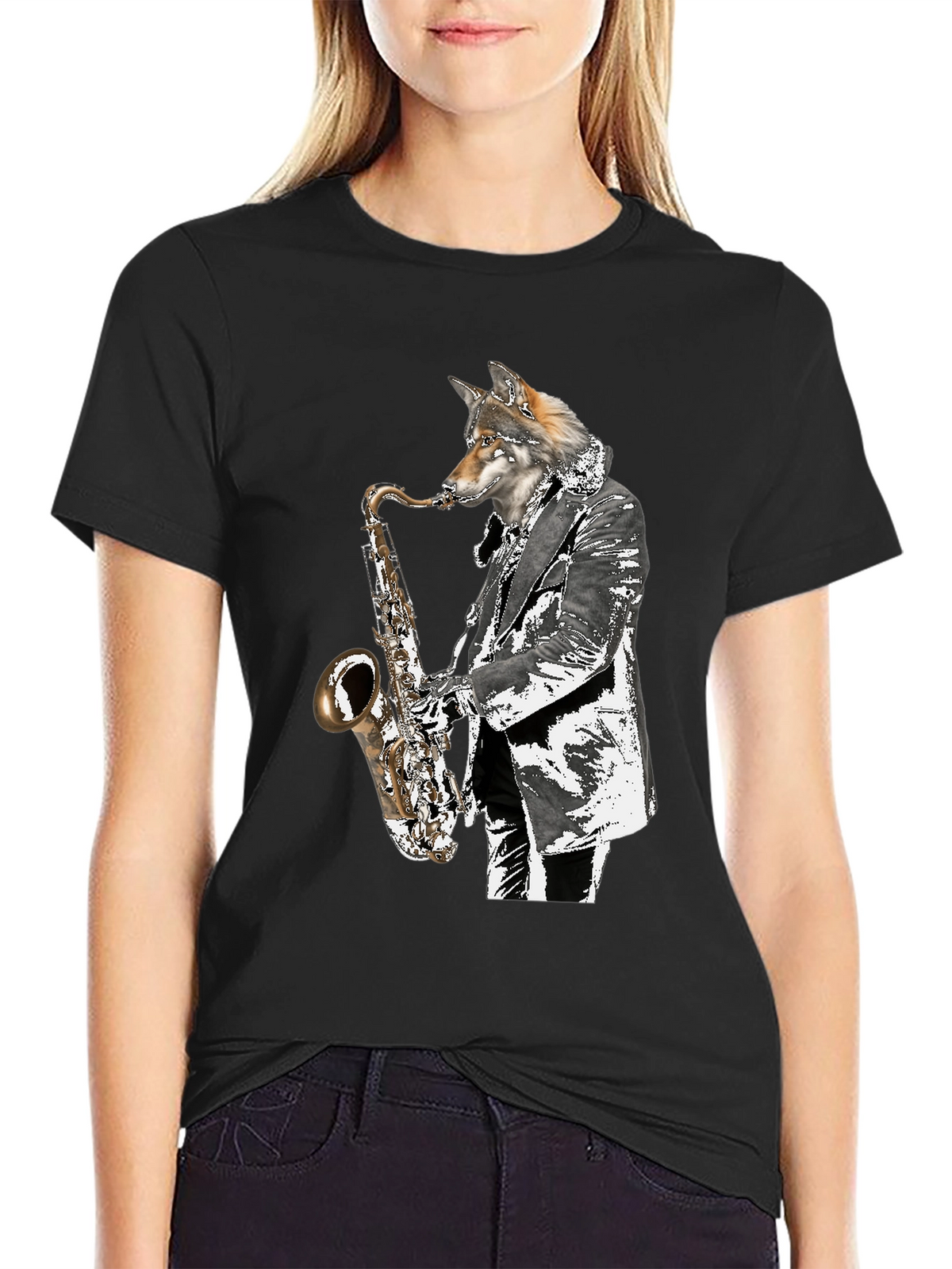 Cool Wolf Saxophone Player Graphic T-Shirt