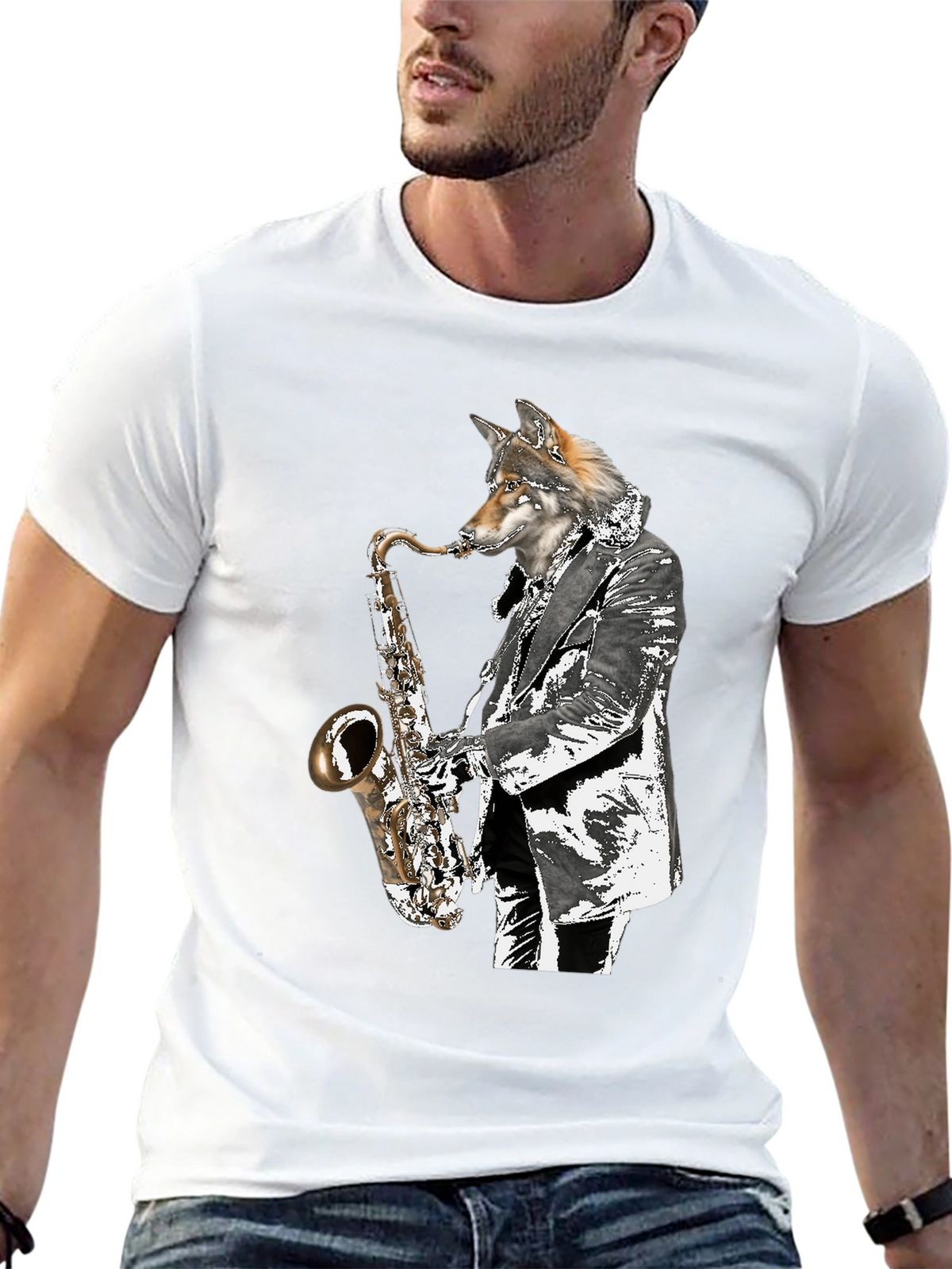 Cool Wolf Saxophone Player Graphic T-Shirt