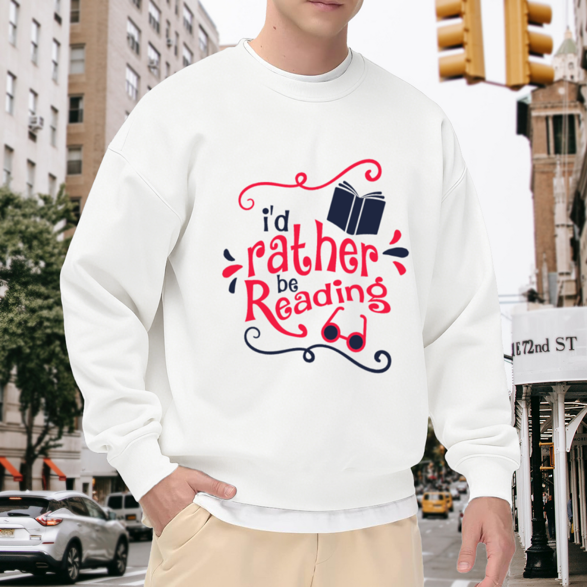 I'd Rather Be Reading Crewneck Sweatshirt - Book Lover Graphic Pullover, Bibliophile Gift, Cozy Reader Top