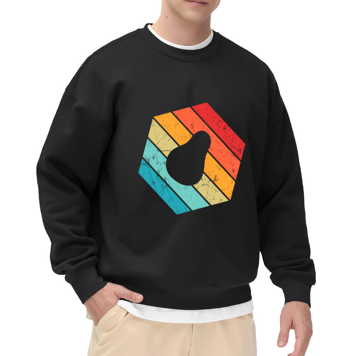 Retro Vintage Hexagon Pear Silhouette Graphic Print Distressed Sunset Color Stripes Crewneck Sweatshirt