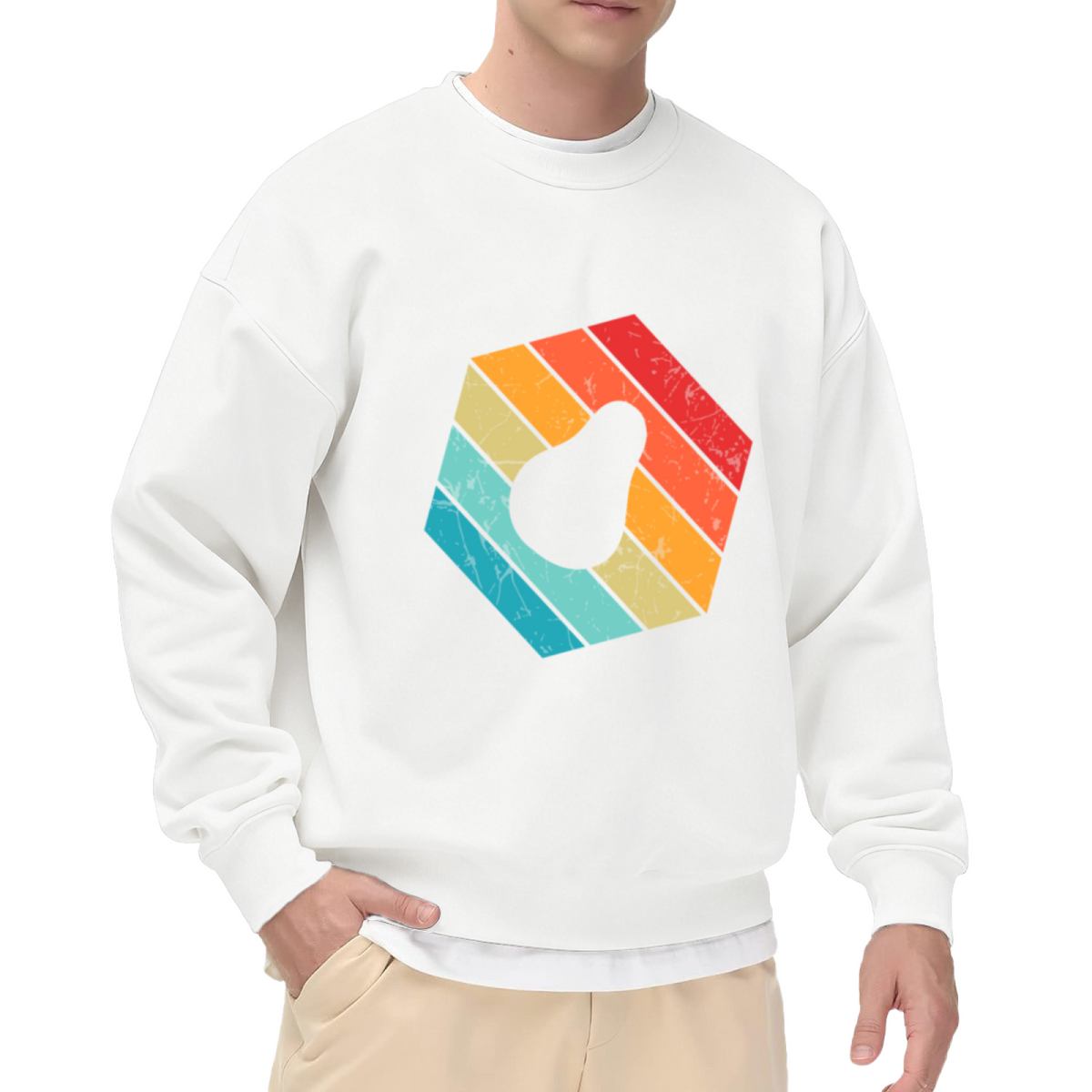 Retro Vintage Hexagon Pear Silhouette Graphic Print Distressed Sunset Color Stripes Crewneck Sweatshirt