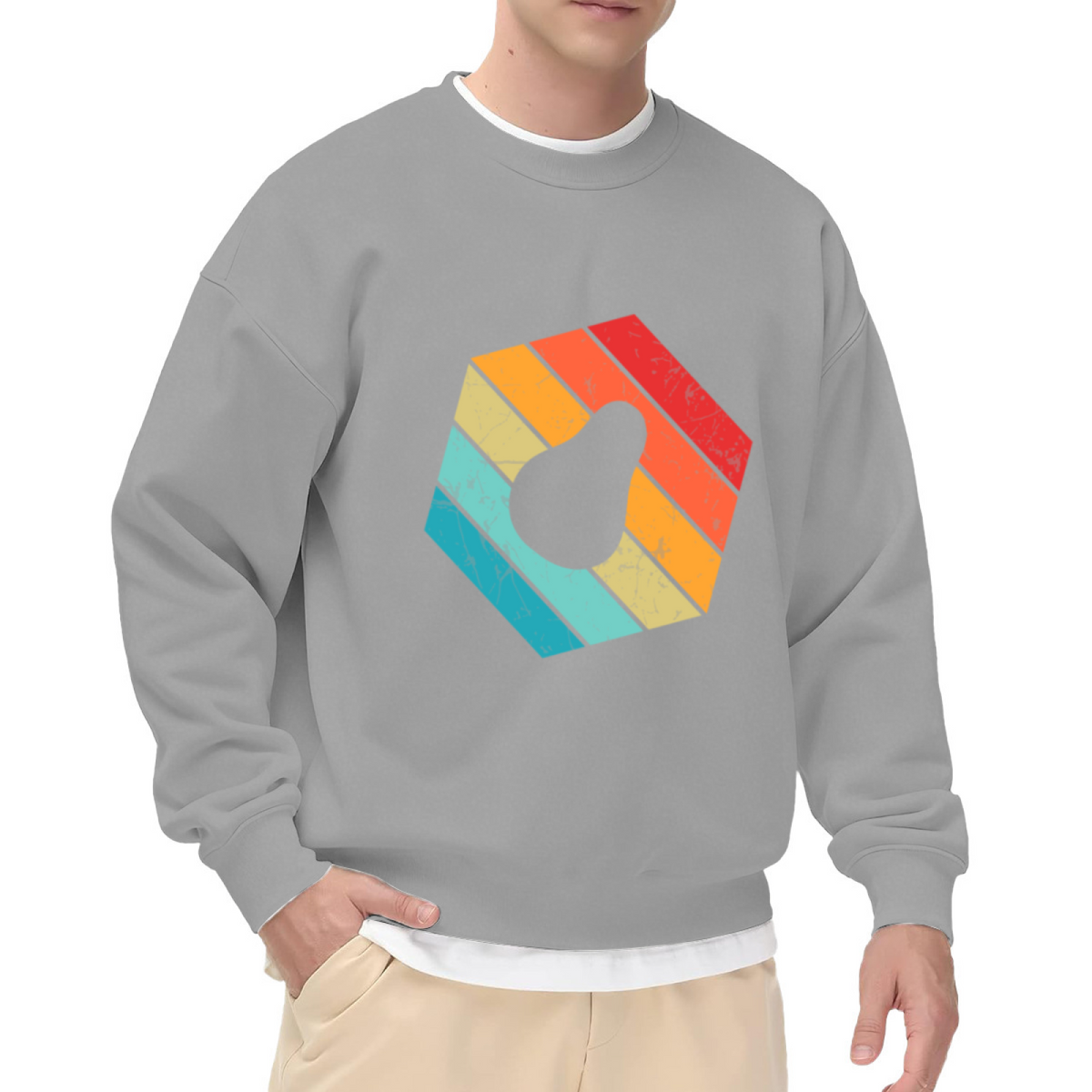 Retro Vintage Hexagon Pear Silhouette Graphic Print Distressed Sunset Color Stripes Crewneck Sweatshirt