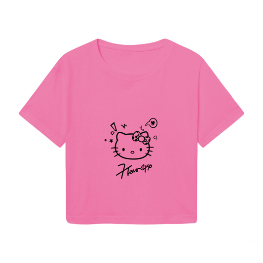 Minimal Line?Art Hello Kitty Pink Cropped T?Shirt