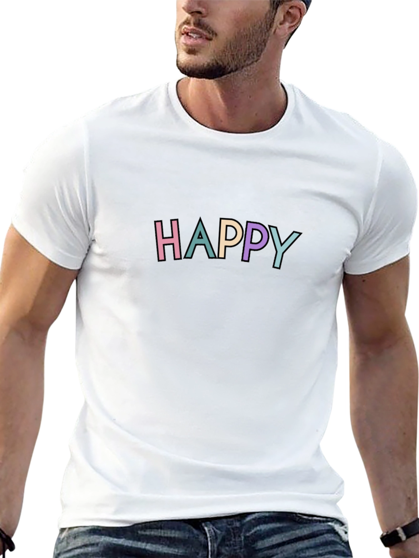 Happy Graphic Print Black Crew Neck T-Shirt