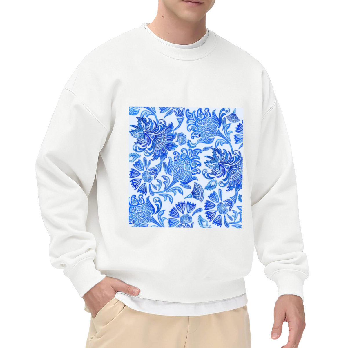 Blue Ornate Floral Crewneck Sweatshirt | Vintage Botanical Pattern Pullover, Intricate Paisley Flower Graphic Top, Elegant Gift
