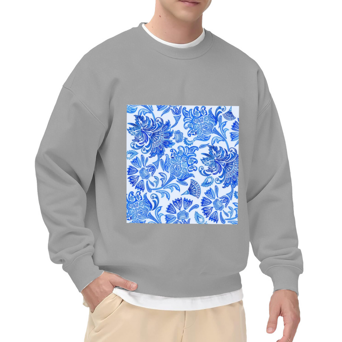 Blue Ornate Floral Crewneck Sweatshirt | Vintage Botanical Pattern Pullover, Intricate Paisley Flower Graphic Top, Elegant Gift