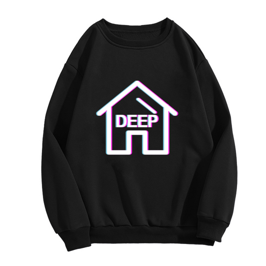 Deep House Glitch Crewneck Sweatshirt - Minimal Line Art Home Graphic, Vaporwave Aesthetic Pullover, EDM Top