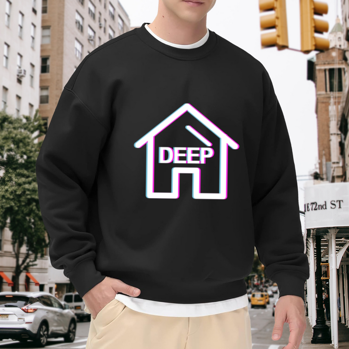 Deep House Glitch Crewneck Sweatshirt - Minimal Line Art Home Graphic, Vaporwave Aesthetic Pullover, EDM Top