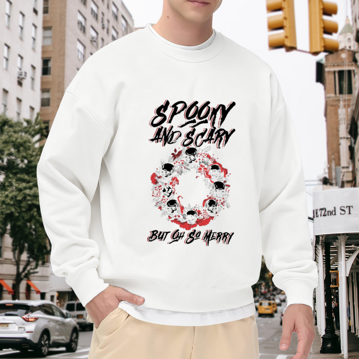 Spooky And Scary But Oh So Merry Crewneck Sweatshirt, Skull Santa Wreath Pullover, Halloween Christmas Gift