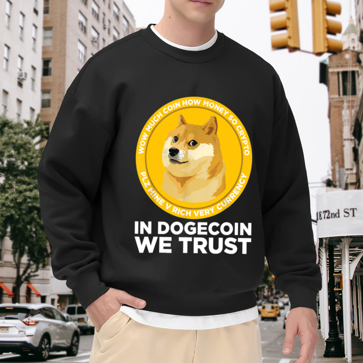 In Dogecoin We Trust Doge Meme Coin Crewneck Sweatshirt | Funny Shiba Crypto Graphic Pullover, Cryptocurrency Gift