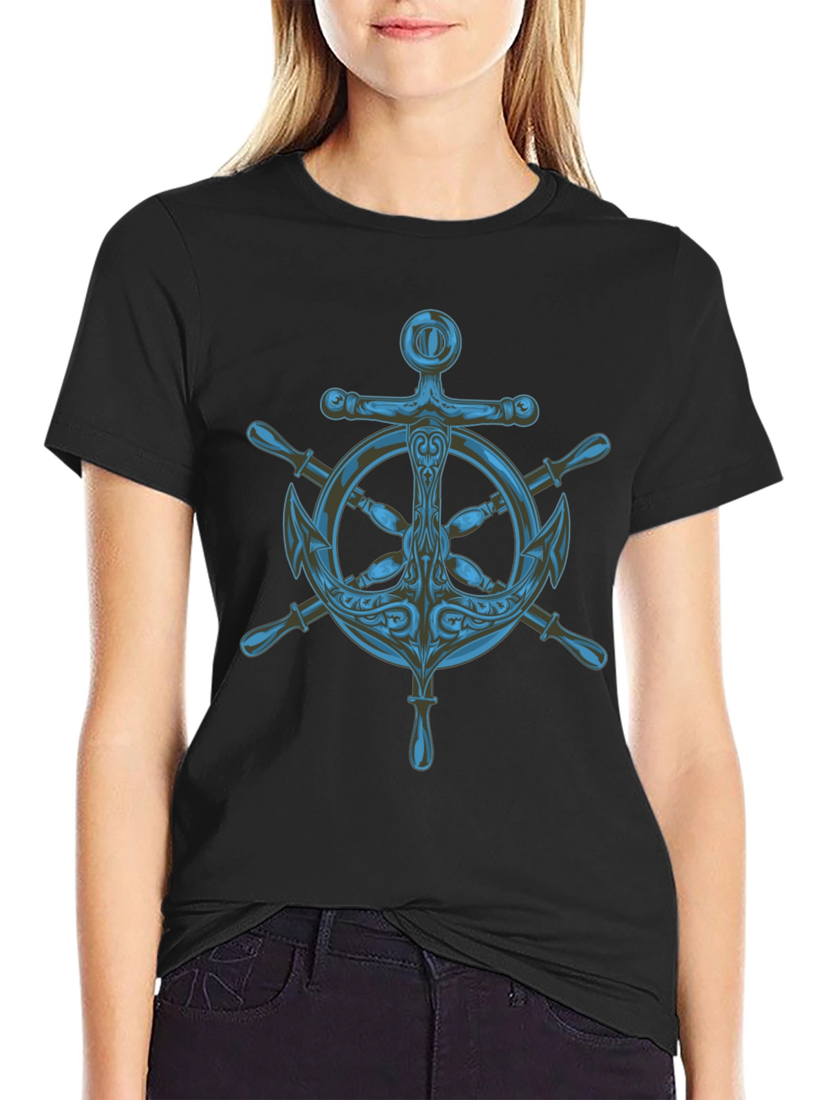 Nautical Anchor Wheel Graphic Black T-Shirt