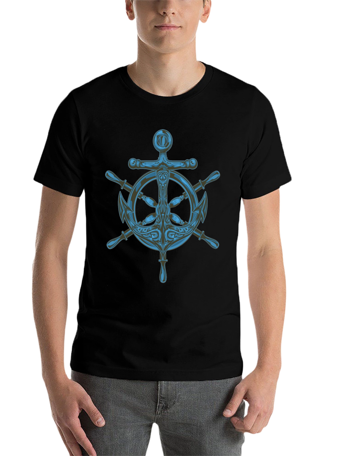 Nautical Anchor Wheel Graphic Black T-Shirt