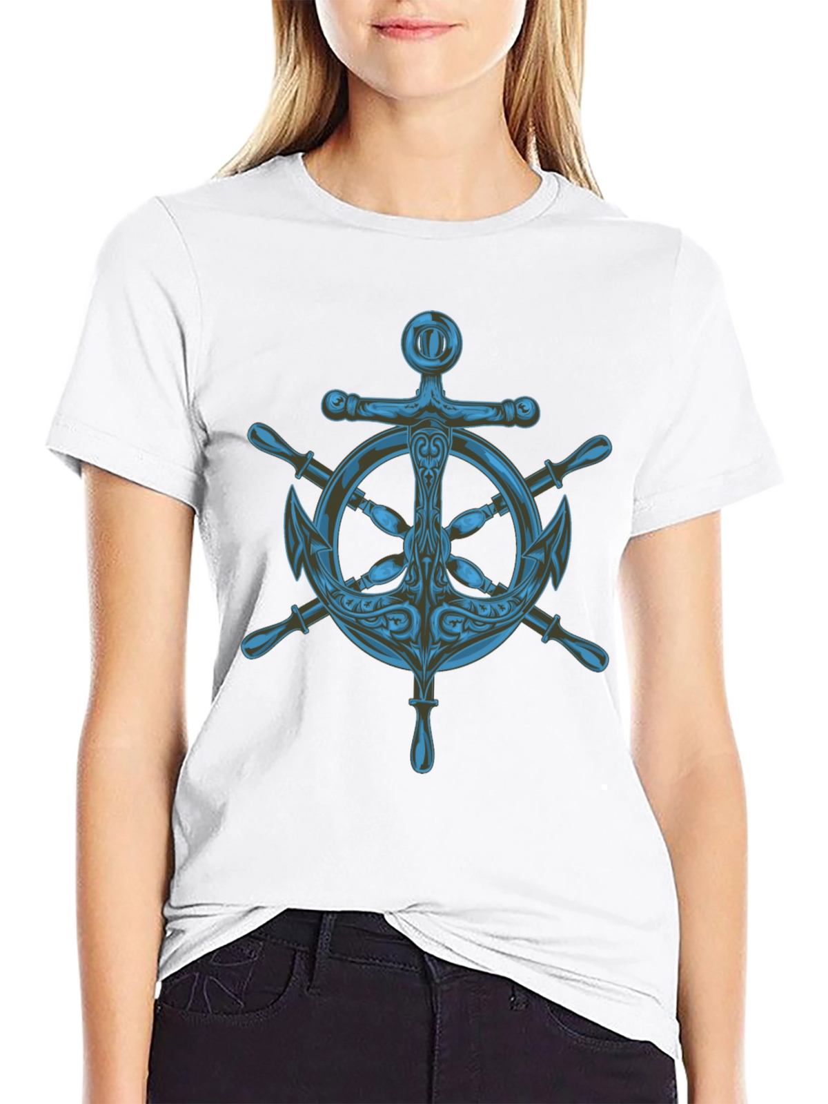 Nautical Anchor Wheel Graphic Black T-Shirt