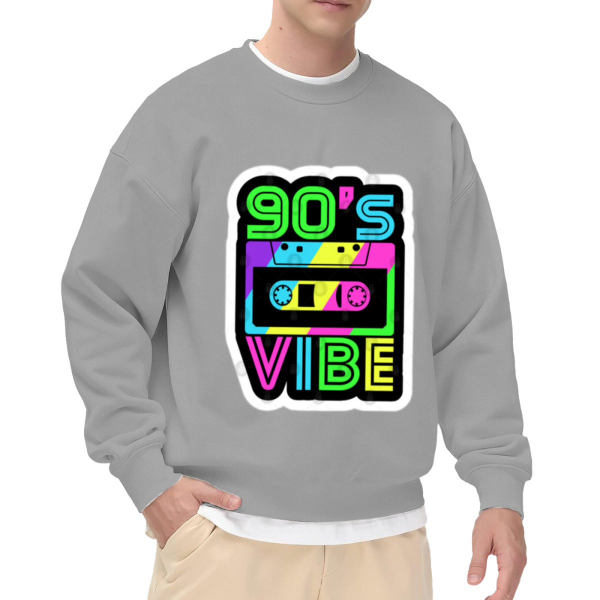 90's Vibe Retro Cassette Tape Neon Crewneck Sweatshirt | 90s Throwback Sticker Graphic Pullover, Nostalgia Gift Top