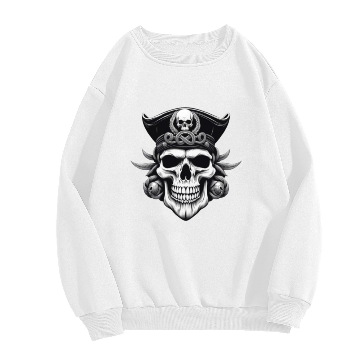 Pirate Skull Tricorn Hat Crewneck Sweatshirt | Dark Gothic Pirate Graphic Pullover, Detailed Skeleton Streetwear Top, Halloween Gift
