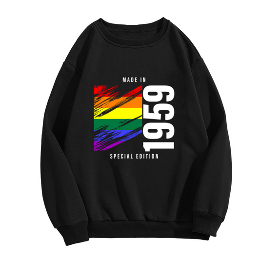 Special Edition Made in 1959 Crewneck Sweatshirt with Retro Rainbow Brushstroke Graphic