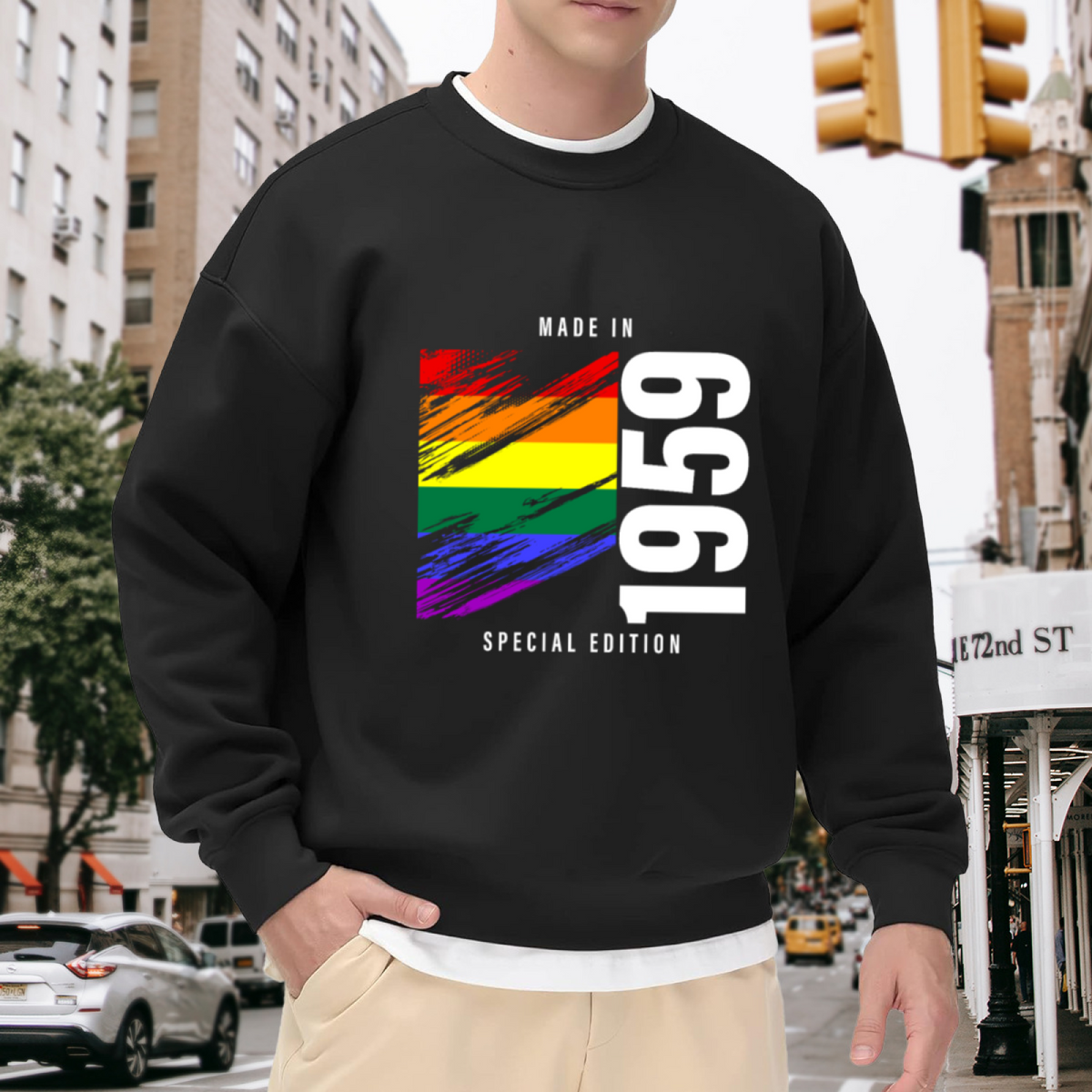 Special Edition Made in 1959 Crewneck Sweatshirt with Retro Rainbow Brushstroke Graphic