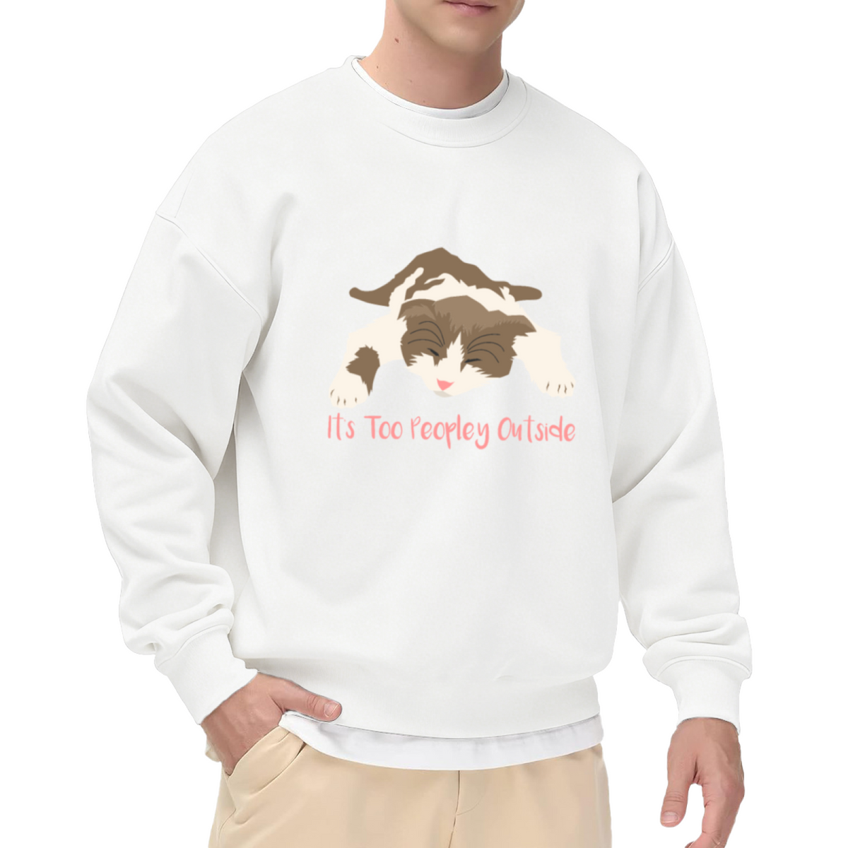It's Too Peopley Outside Cat Crewneck Sweatshirt | Funny Cat Quote Pullover, Cute Cartoon Cat Graphic Top, Cat Mom Gift