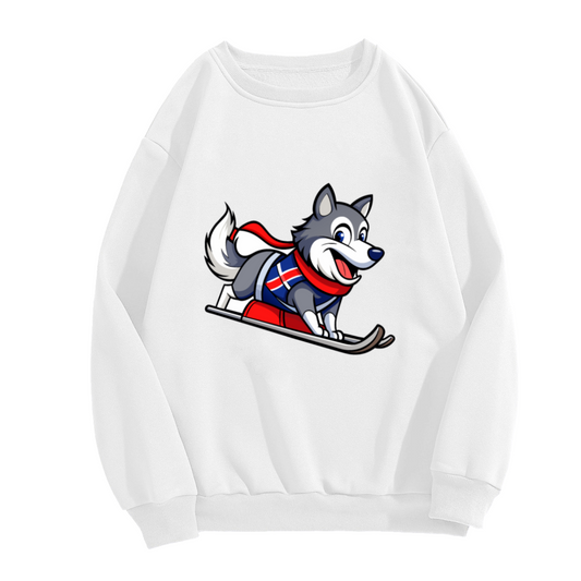 Cartoon Husky Skiing with Norway Flag Design Winter Fun Crewneck Sweatshirt