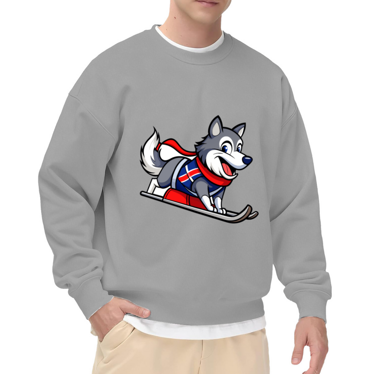 Cartoon Husky Skiing with Norway Flag Design Winter Fun Crewneck Sweatshirt