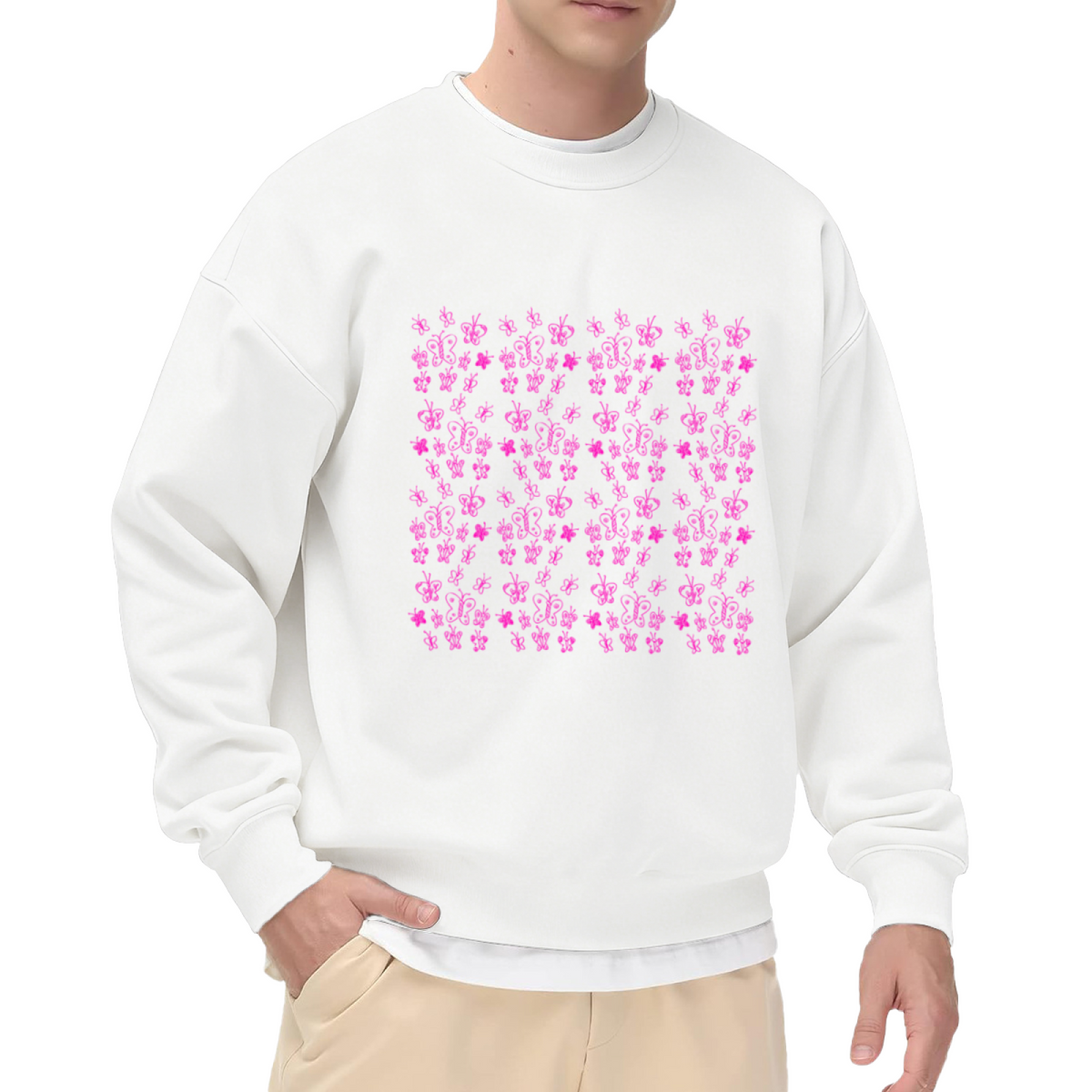 GAL EXCEL Butterfly Floral Sweatshirt | Pink Hand-Drawn Pattern Crewneck, Vintage Cute Aesthetic Pullover Top, Spring Gift for Women Girls