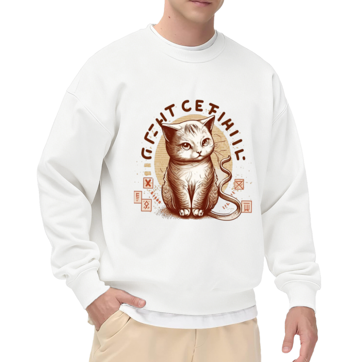 Vintage Cat Curved Lettering Crewneck Sweatshirt | Retro Distressed Pet Graphic Pullover, Hand-Drawn Badge Style Top, Cat Lover Gift