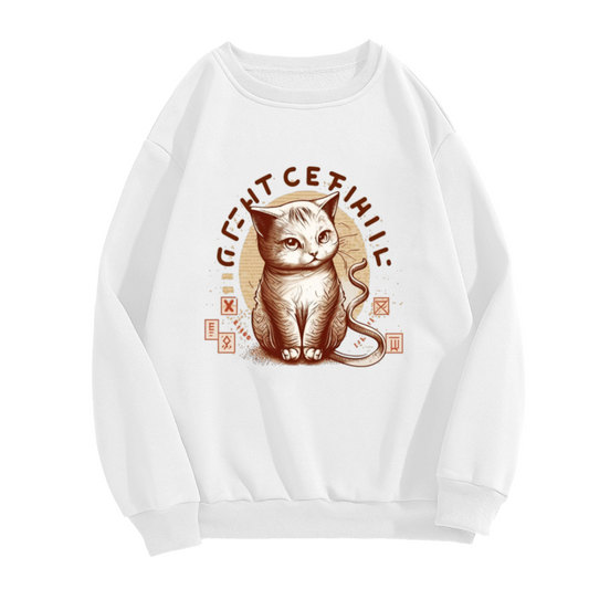 Vintage Cat Curved Lettering Crewneck Sweatshirt | Retro Distressed Pet Graphic Pullover, Hand-Drawn Badge Style Top, Cat Lover Gift