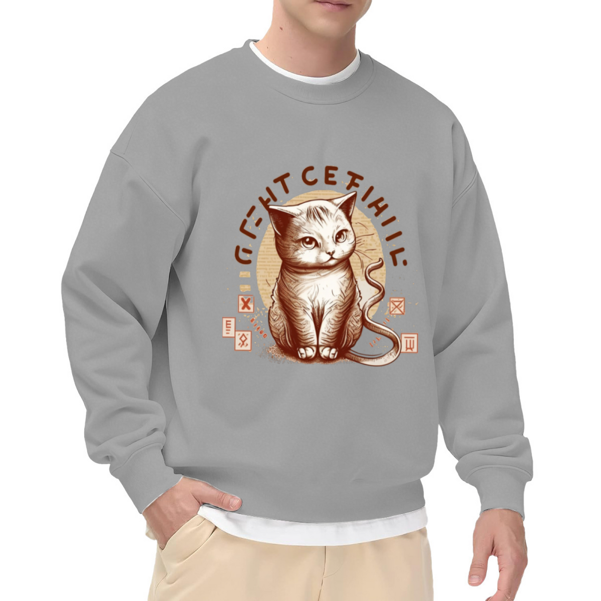 Vintage Cat Curved Lettering Crewneck Sweatshirt | Retro Distressed Pet Graphic Pullover, Hand-Drawn Badge Style Top, Cat Lover Gift