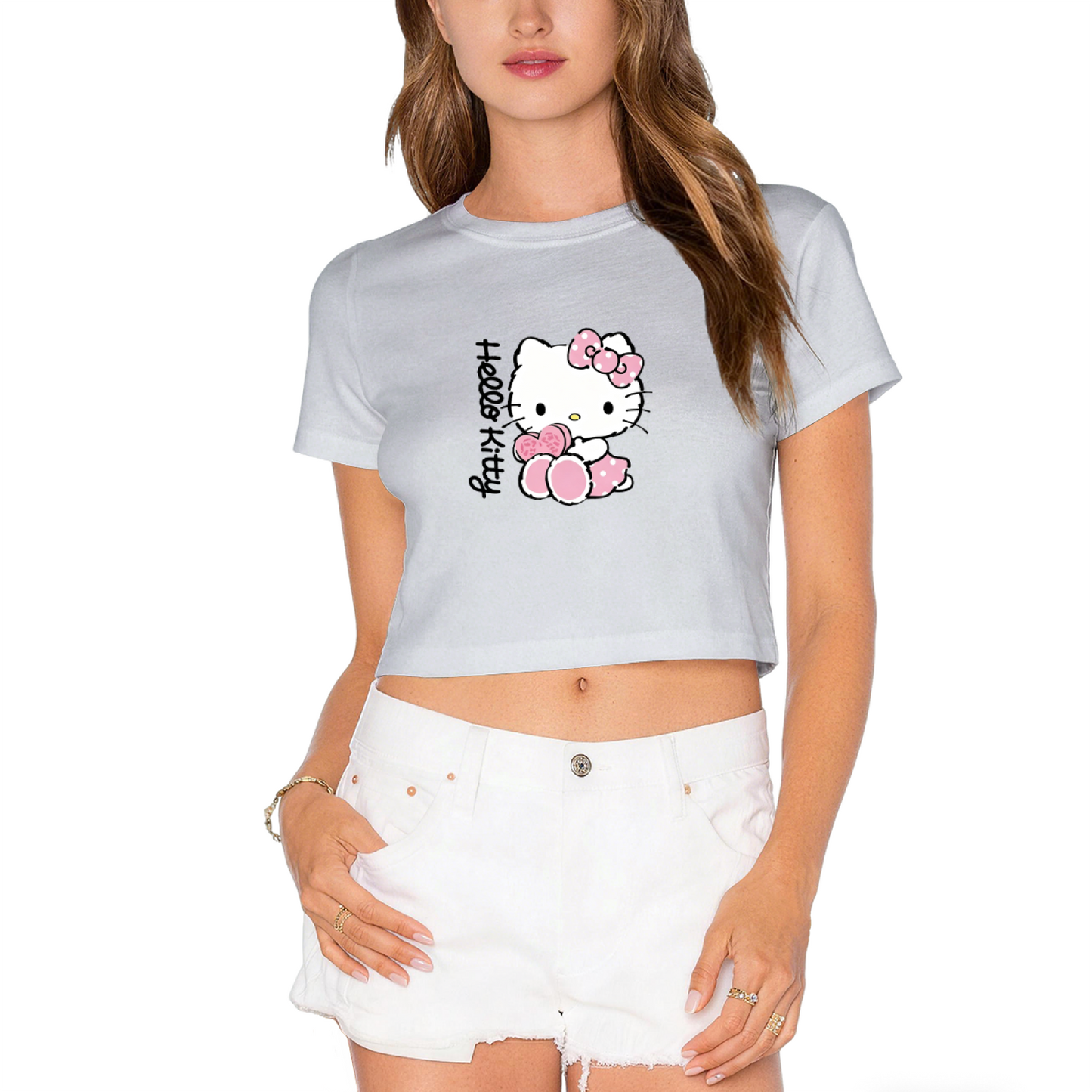 Adorable Heart Decor Hello Kitty White Cropped Top Sweet Girl Crop Tee