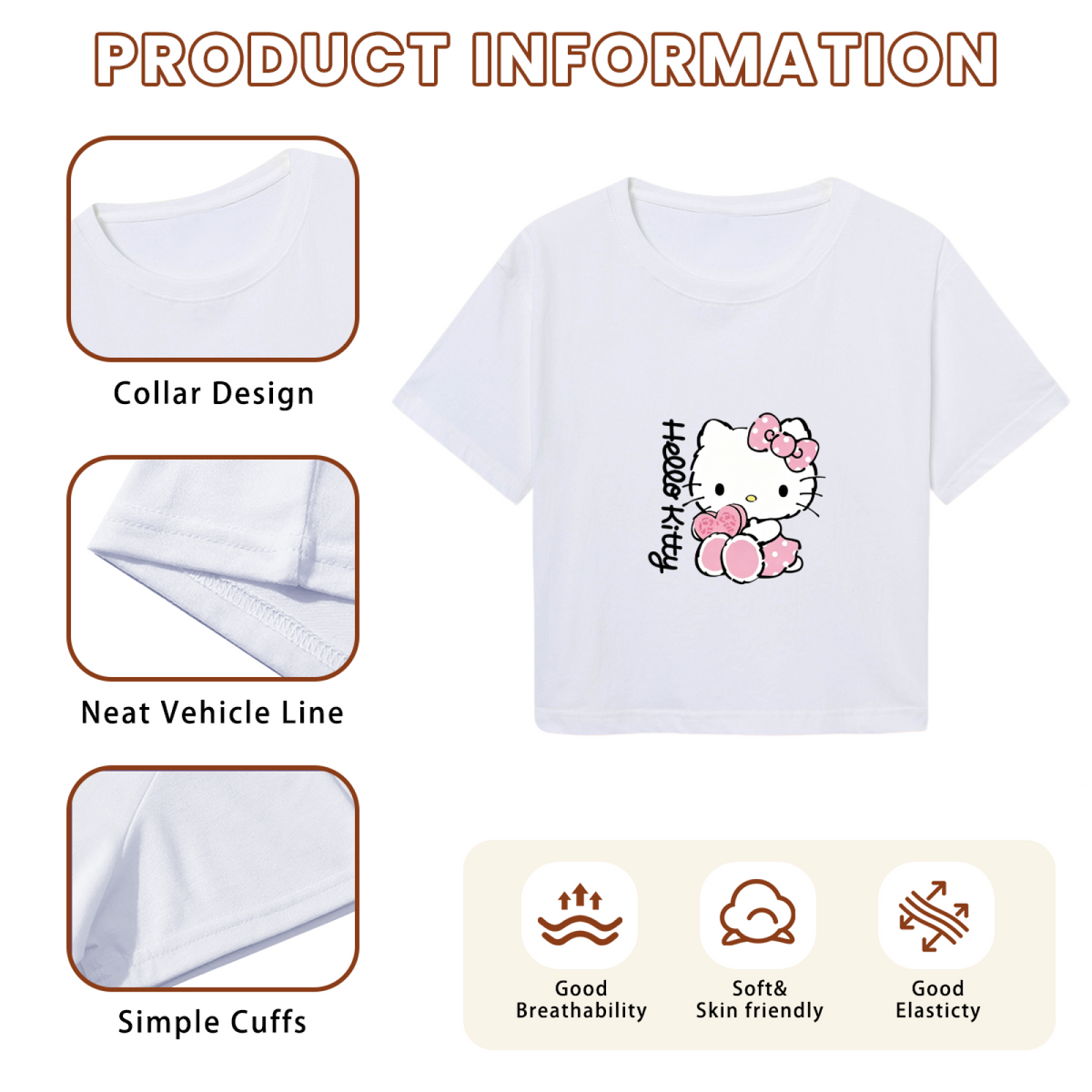 Adorable Heart Decor Hello Kitty White Cropped Top Sweet Girl Crop Tee