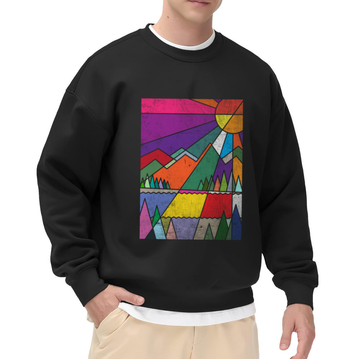 Geometric Mountains Sunset Crewneck Sweatshirt - Retro Outdoor Landscape Pullover, Colorful Nature Art, Vintage Scenery Top